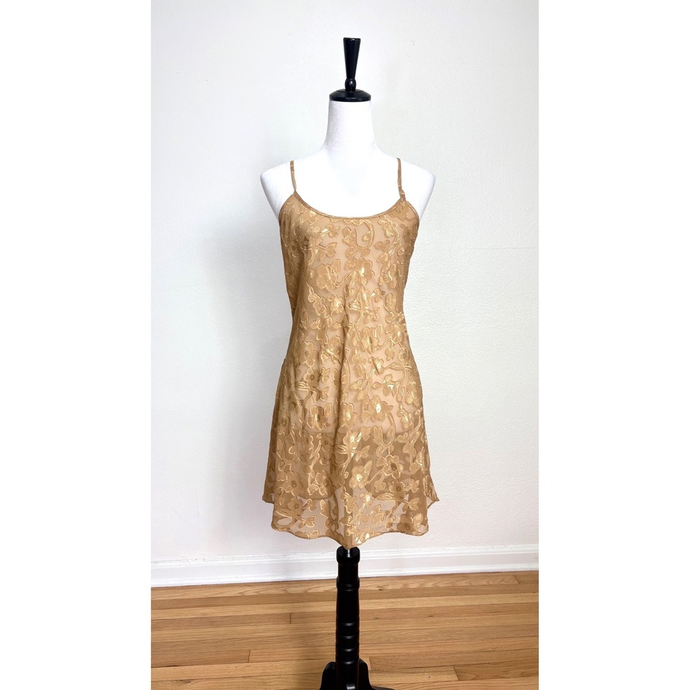 Y2K Vintage Gold Sheer Jacquard Floral Slip Dress Size Small Nightgown Romantic